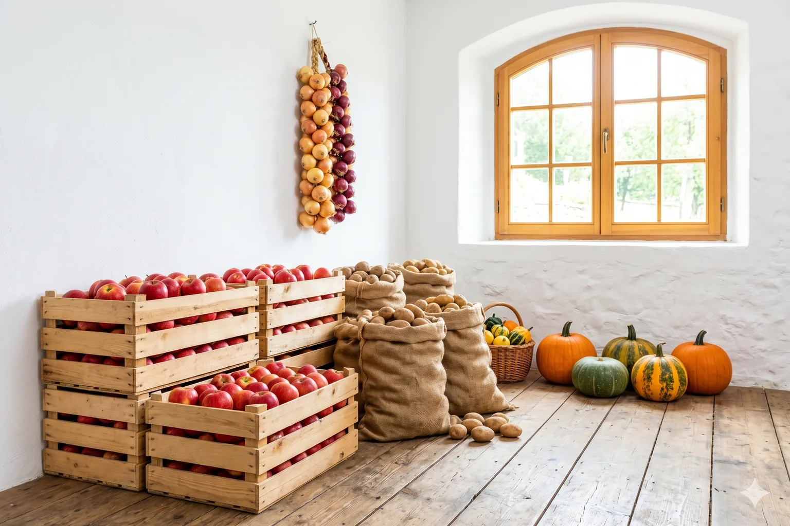 Traditioneller Wurzelkeller mit Äpfeln, Kartoffeln und Kürbissen