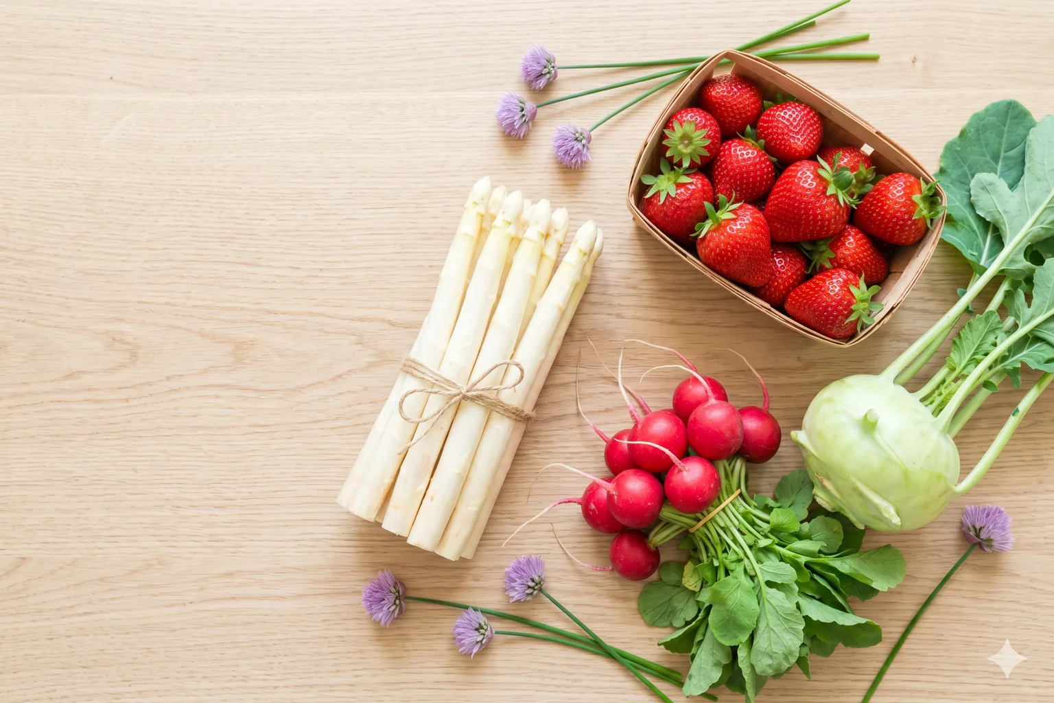 Frischer weißer Spargel, Erdbeeren und Radieschen auf Holztisch