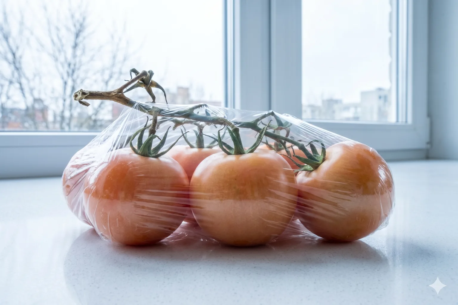 Blasse Wintertomaten auf kalter Küchenarbeitsfläche am Fenster